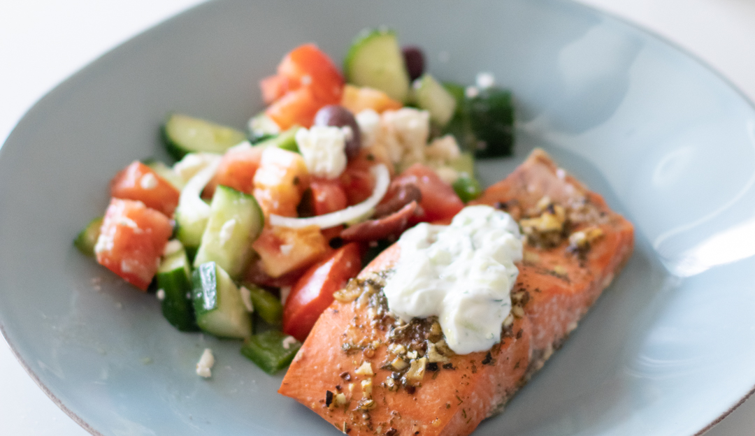 Baked Salmon and Tzatziki with Greek Salad